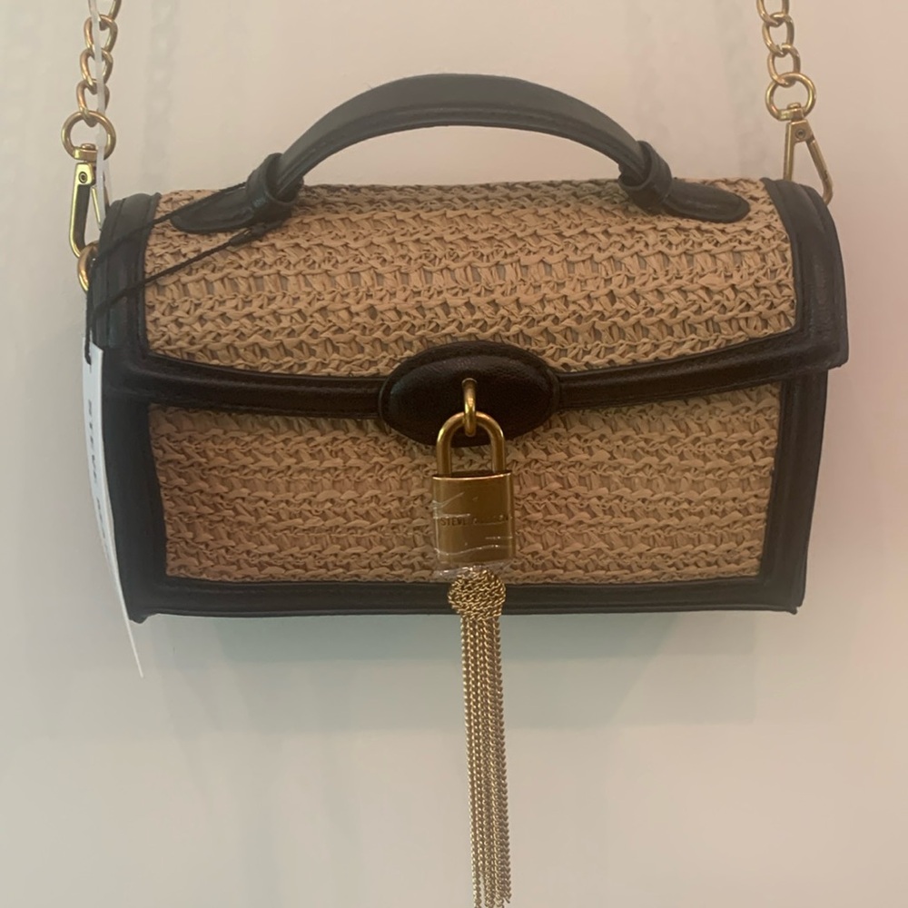 NWT Steve Madden tan rattan/black trim crossbody bag